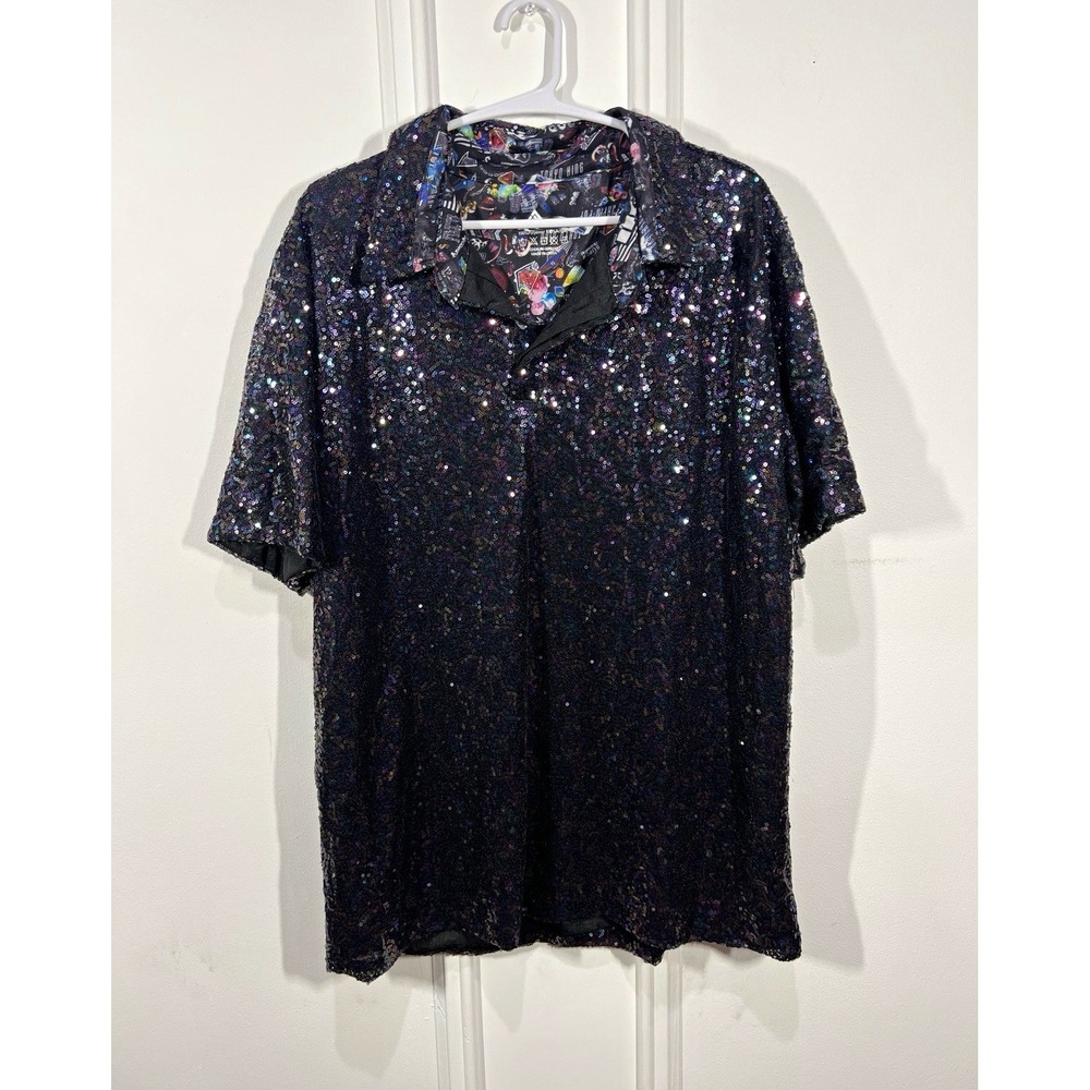 Tokyo King Mens XL Sequin Shirt Iridescent Black Disco Party Festival Button Up